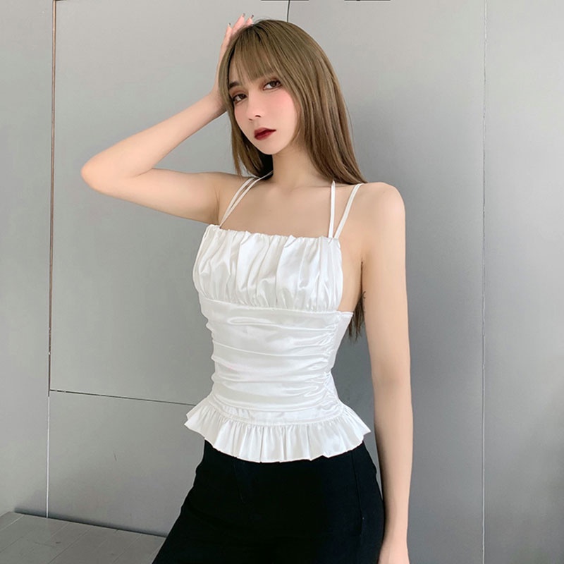 Áo croptop trắng đan dây lưng dún bèo HAC124 Hỉn Hỉn Store