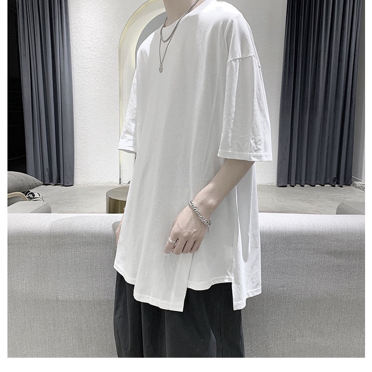 Áo Thun Tay Ngắn Dáng Rộng Xẻ Tà Kiểu Hồng Kông Thời Trang Cho Nam