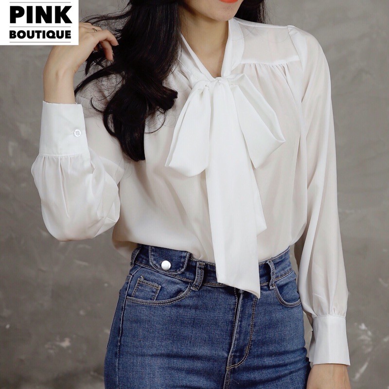 Áo Sơ Mi Trắng Nữ Cổ Nơ Cài Khuy Tay Phồng Big Size PINKBOUTIQUE | BigBuy360 - bigbuy360.vn