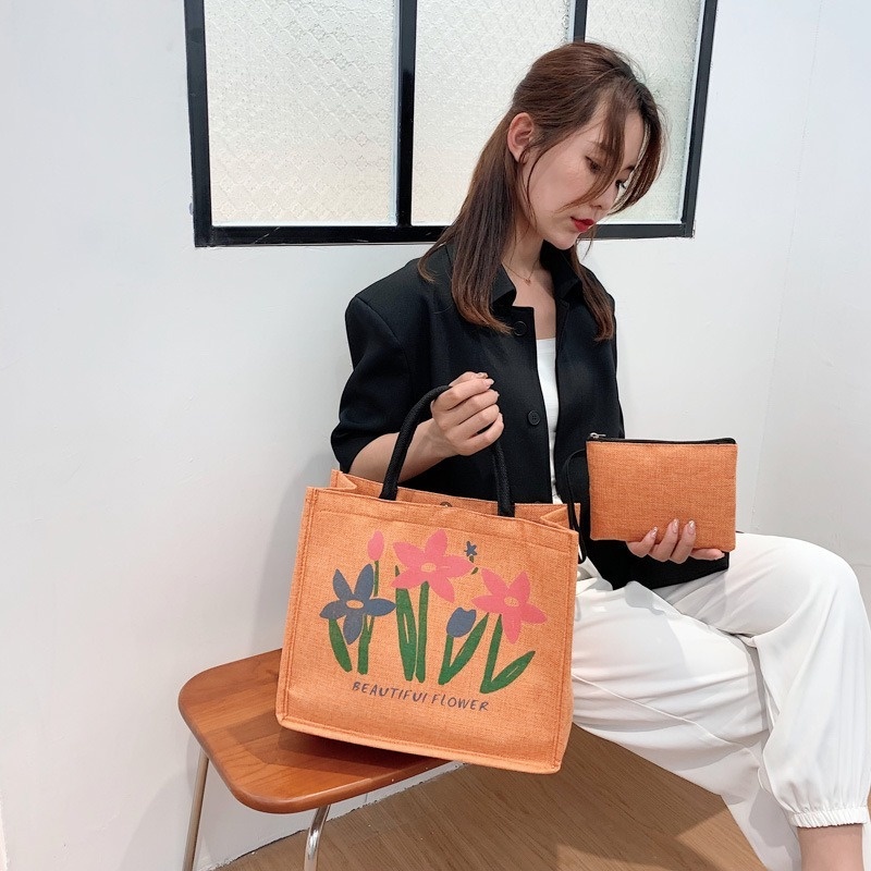 Phiên bản Hàn Quốc mới của túi vải có dung tích lớn cầm tay thông thường in họa tiết đơn giản