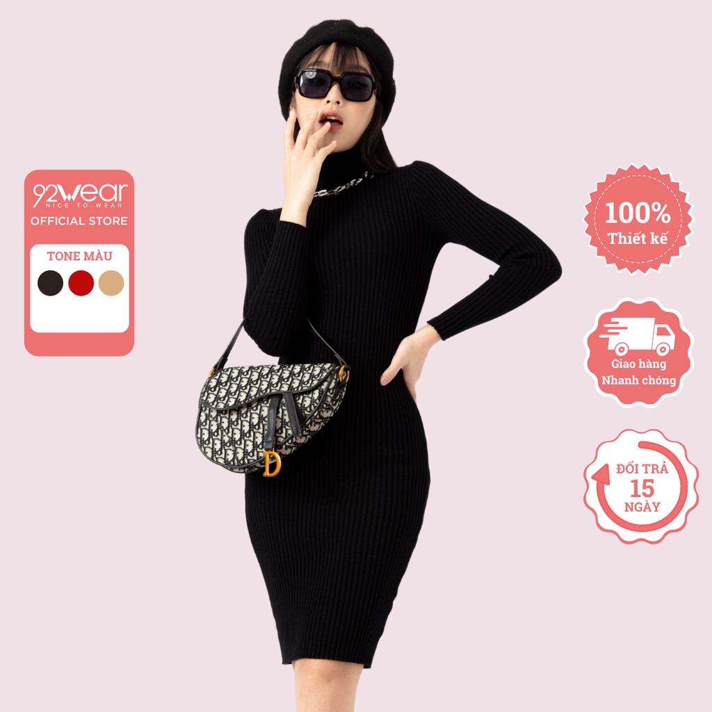 Đầm len ôm body cổ lọ 92WEAR, thiết kế basic dài tay DLA0064
