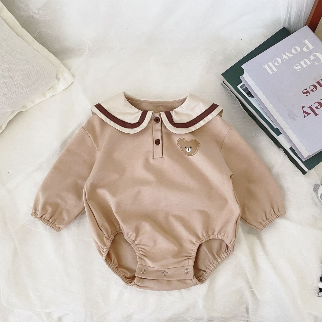 Bộ Áo Liền Quần Tam Giác Tay Dài Cổ Thủy Thủ Hình Gấu Dễ Thương Cho Bé