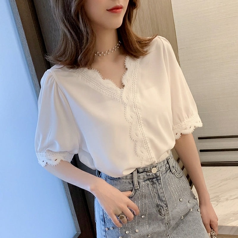 Áo Chiffon Tay Lỡ Phối Ren Dáng Rộng Phong Cách Hàn Quốc Thời Trang Mùa Hè Đơn Giản Cho Nữ