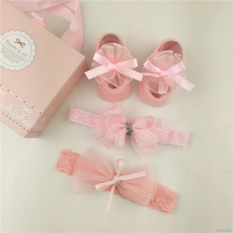 Set vớ cotton + băng đô phối nơ hoa hoạt hình thời trang cho bé 0-2 tuổi