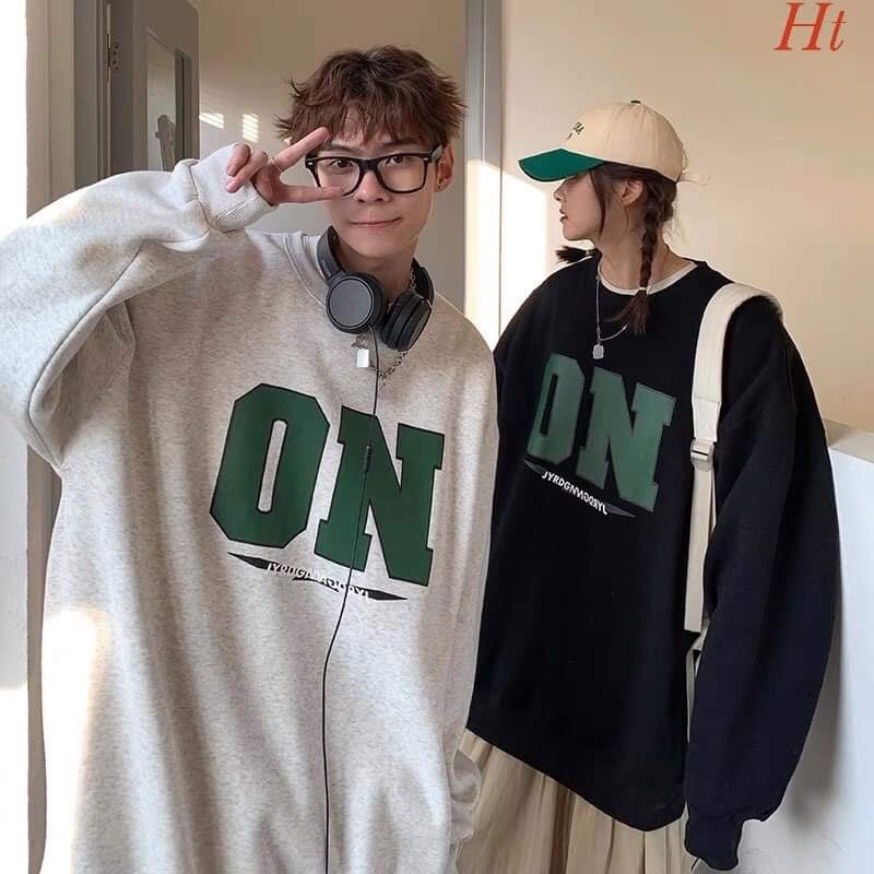 Áo đôi nam nữ sweater nỉ bông dài tay cổ tròn chữ ON xanh
