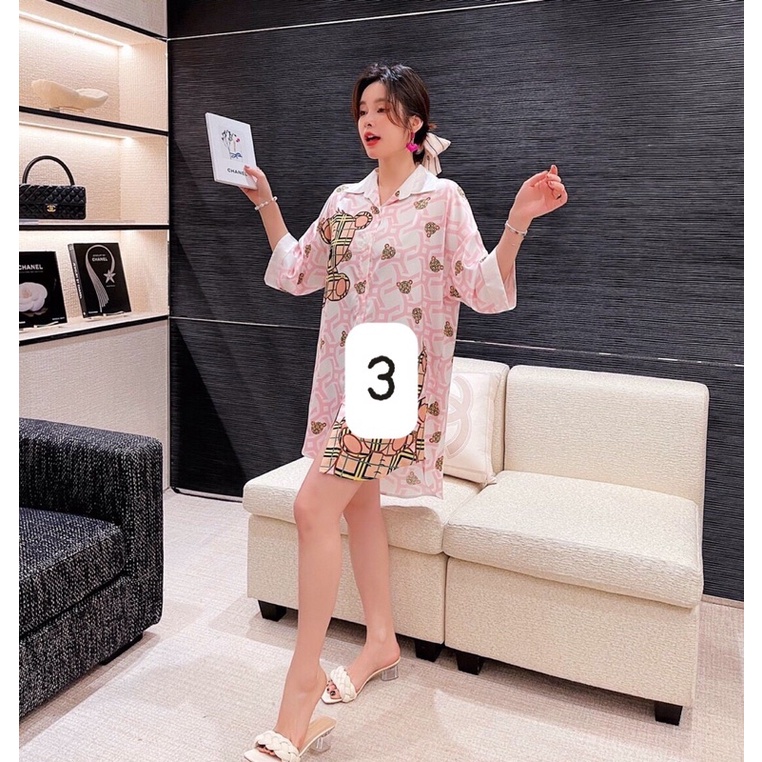Váy ngủ sơ mi tay lỡ thủy thủ Hồng K006 lụa satin cao cấp quảng châu.