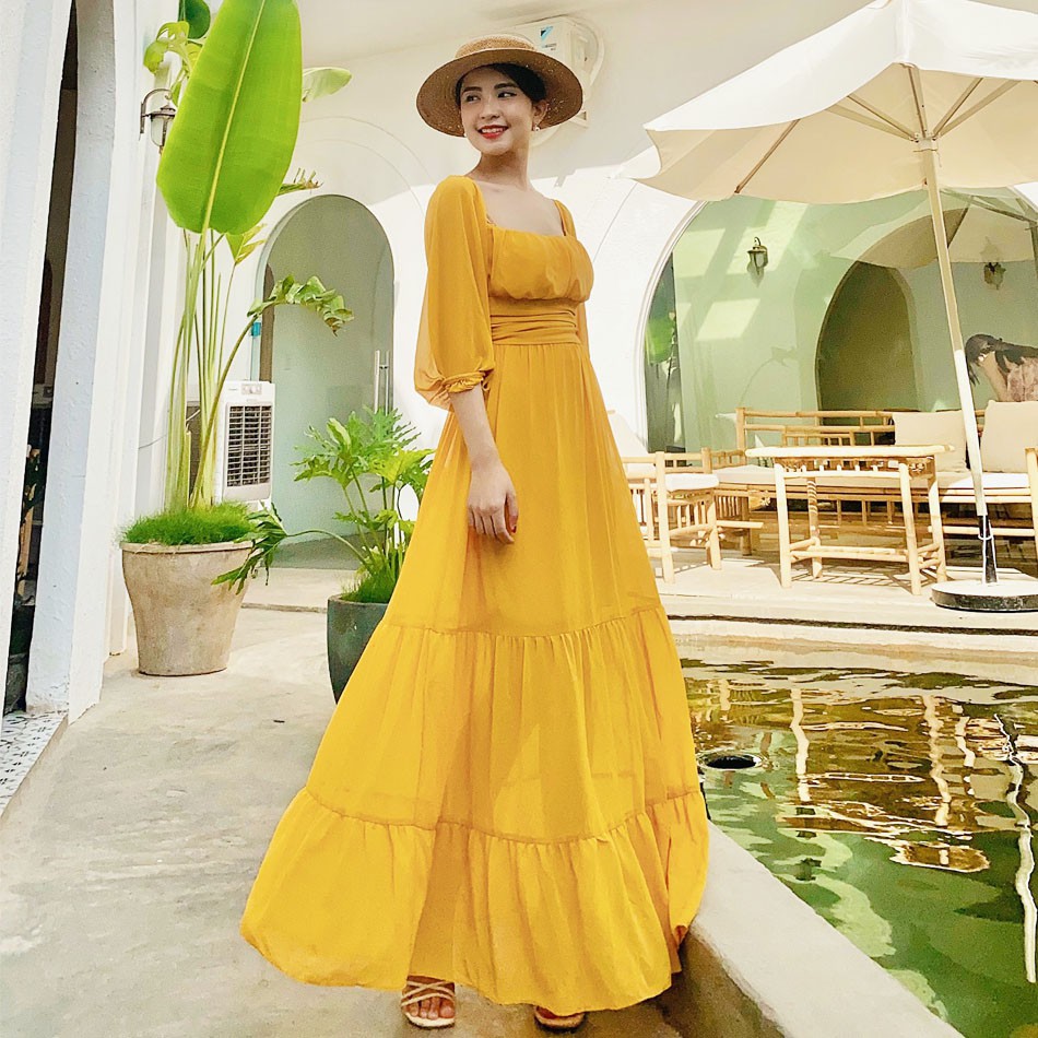 Đầm maxi trơn MIMIX váy tay dài xếp ly ngực sang trọng đi du lịch BE7190 | BigBuy360 - bigbuy360.vn
