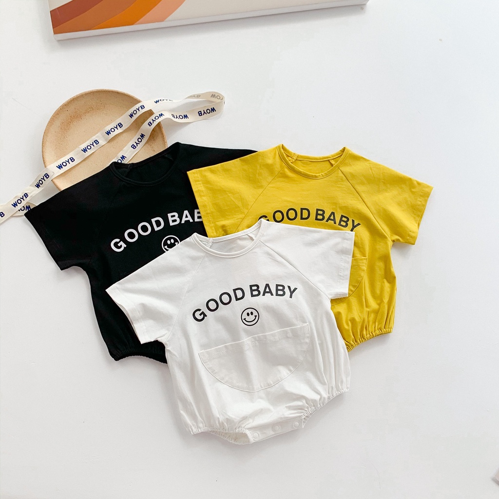 Áo liền quần tay ngắn mỏng in họa tiết chữ cái và mặt cười thời trang mùa hè dành cho trẻ sơ sinh