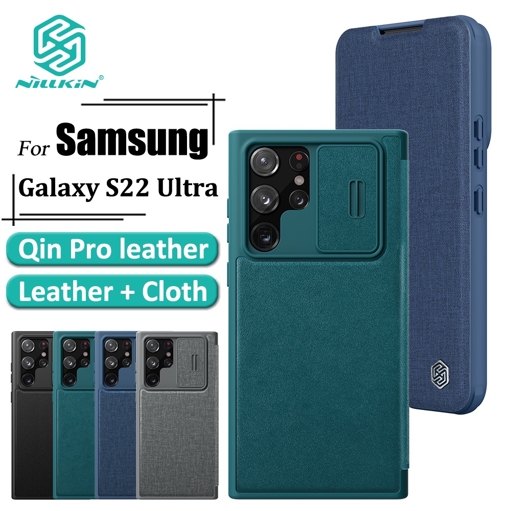 Ốp điện thoại NILLKIN Qin Pro bằng vải da chống sốc có nắp trượt bảo vệ camera cho Samsung Galaxy S22 Ultra