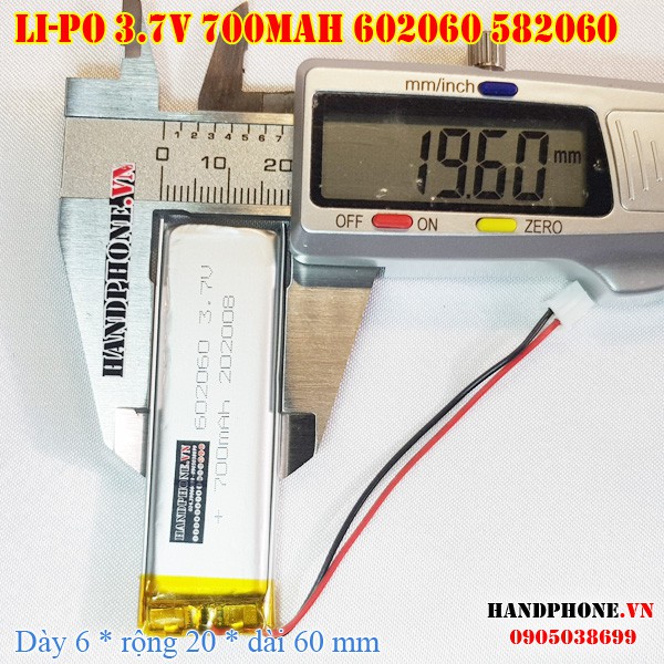 Pin Li-Po 3.7V 700mA 602060 582060 (Lithium Polyme) cho loa bluetooth, máy nội soi, bàn phím bluetooth, camera, đồng hồ