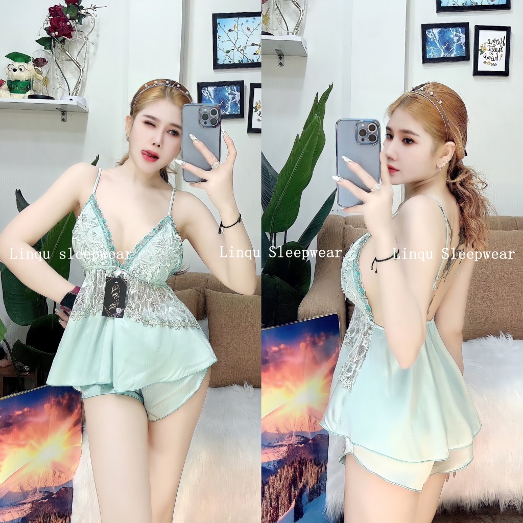 Đồ ngủ sexy Bigsize 2 dây gợi cảm, Đồ ngủ nữ chất lụa satin phối ren mềm mát - Linqustore
