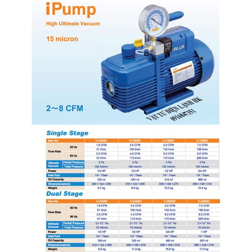 Máy hút chân không Một cấp VALUE 2.0 3.5 CFM V-i120SV V-i140SV 2.0c 3.5c 2cfm 3.5cfm - có đồng hồ