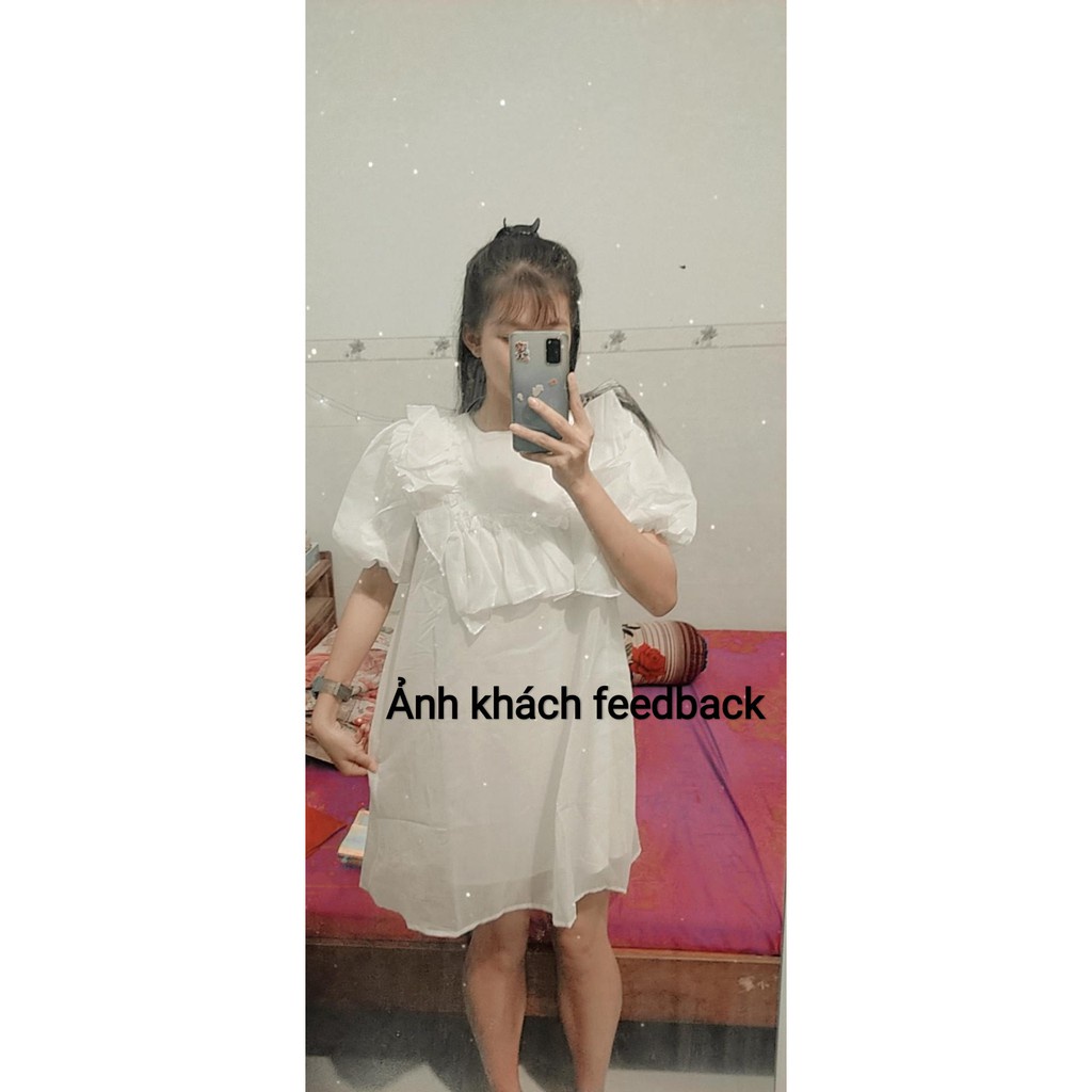 Đầm babydoll voan xốp bèo vuông tay phồng