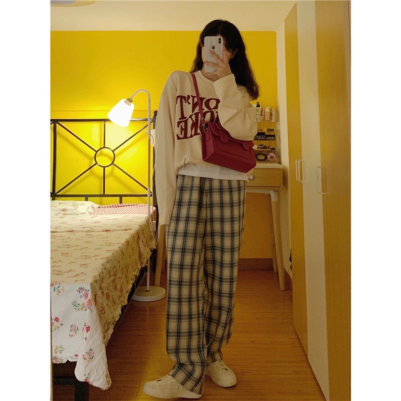 Set Áo Sweater Form Rộng Và Quần ống rộng Họa Tiết Sọc Caro Phong Cách Hàn Quốc