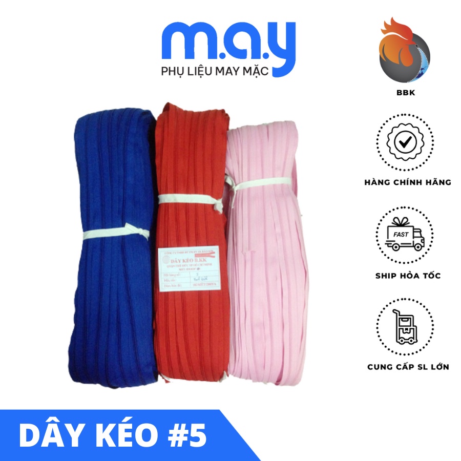 Cuộn dây khoá kéo số #5 BKK nhiều màu 180m tặng kèm 5 đầu kéo