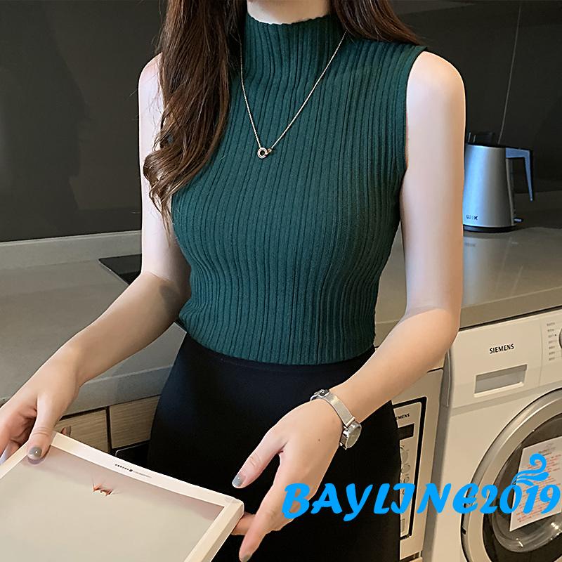 Áo dệt kim sát nách cổ cao màu sắc đơn giản thời trang mùa hè cho nữ