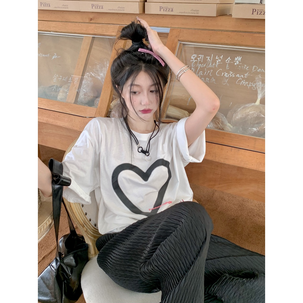 Áo Thun cotton Tay Ngắn Cổ Tròn In Họa Tiết Trái Tim Thời Trang Phong Cách Hàn Quốc Cho Nữ