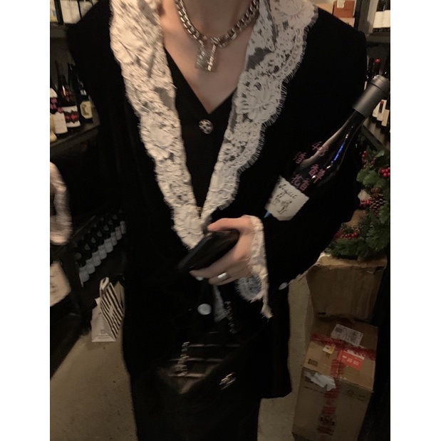 Áo khoác nhung cổ vest vải ren thương hiệu thời trang cao cấp Eenk