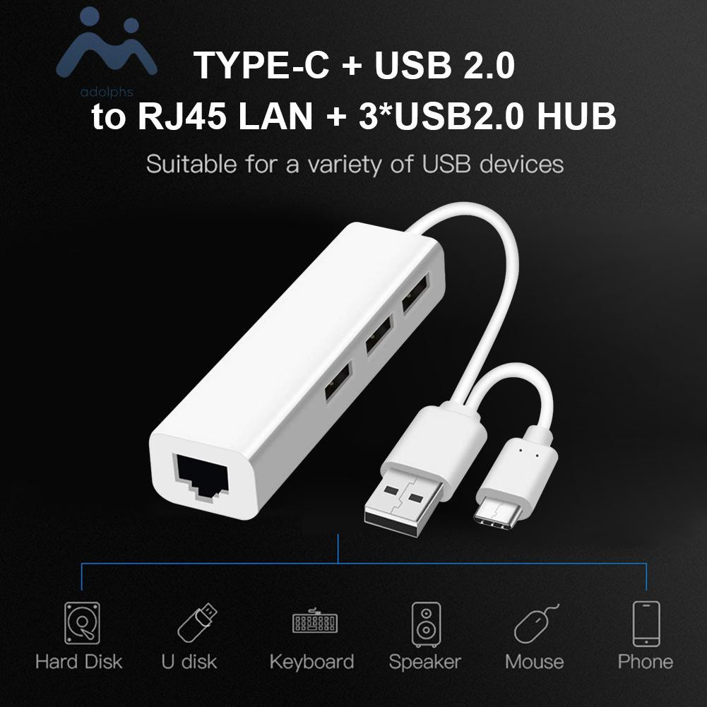 adolphs USB Hub USB 3.1 Type C USB 2.0 Type A to Multi 3 Port USB 2.0 RJ45 Adapter