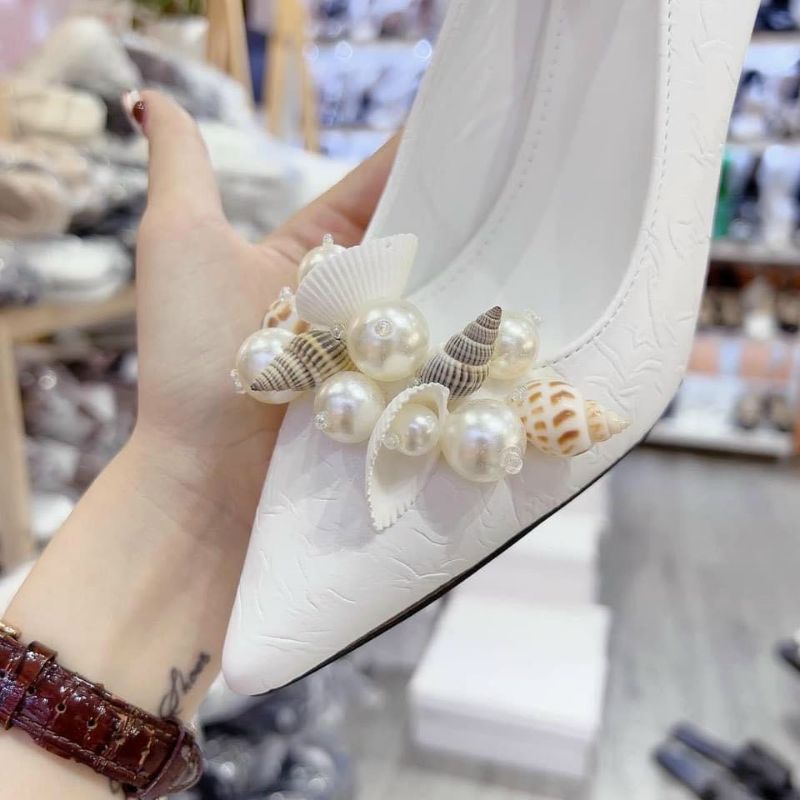 Giày cao gót mũi nhọn, gót nhọn 8cm, giày gắn sò