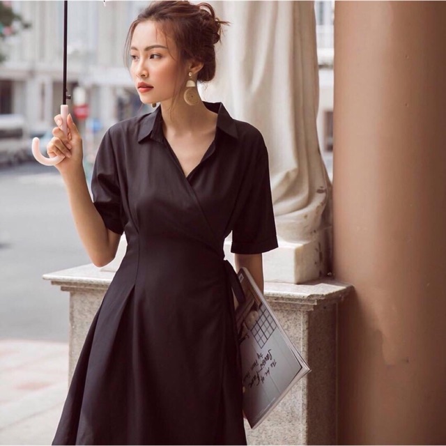 Đầm váy sơ mi đen đắp tà (kèm hình thật)