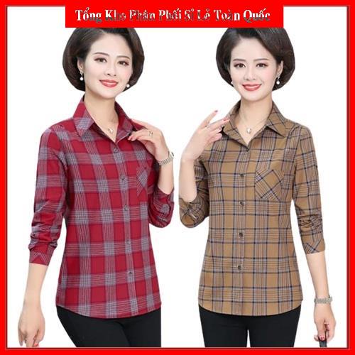 Áo sơ mi cotton tay dài kẻ sọc caro trẻ trung thời trang xuân thu nữ trung niên- Có Big Size