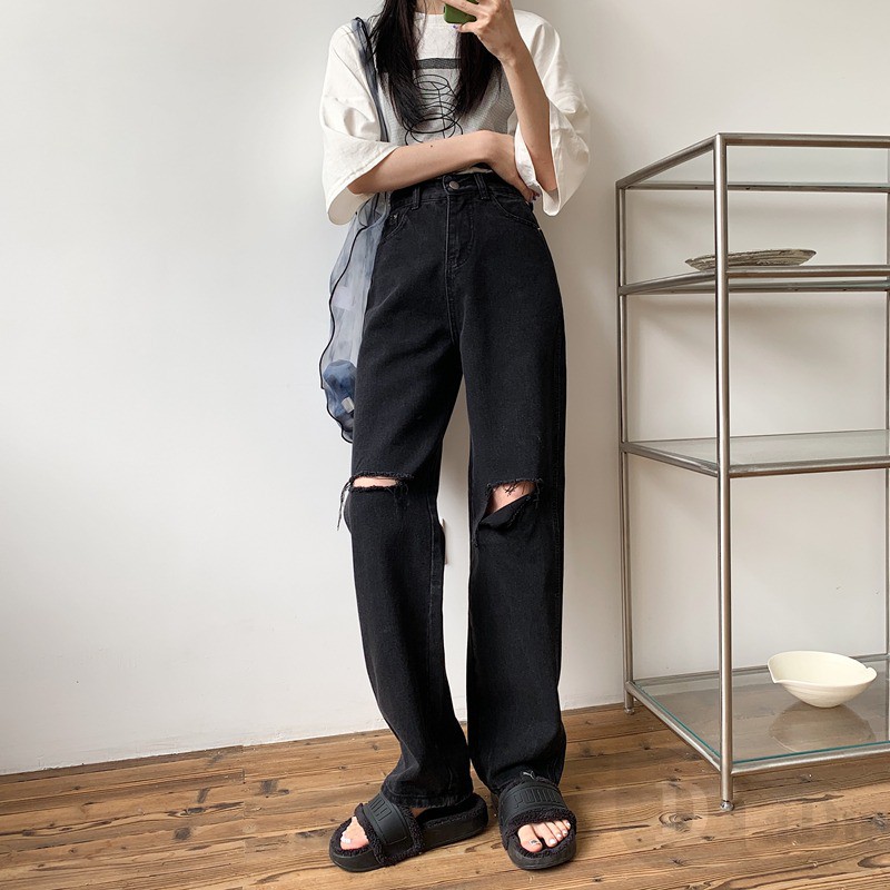 Daduhey Quần jeans dáng dài phối vết rách cá tính thời trang cho nữ