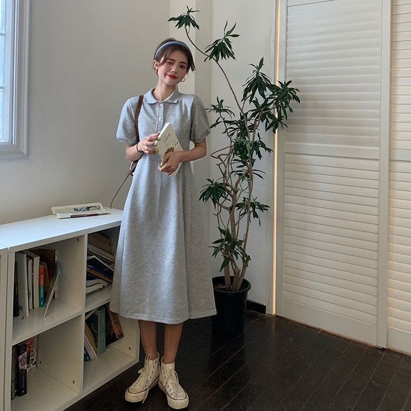 Đầm Tay Ngắn Phồng Cổ POLO Chiết Eo Phong Cách Pháp Thanh Lịch Hàng Mới