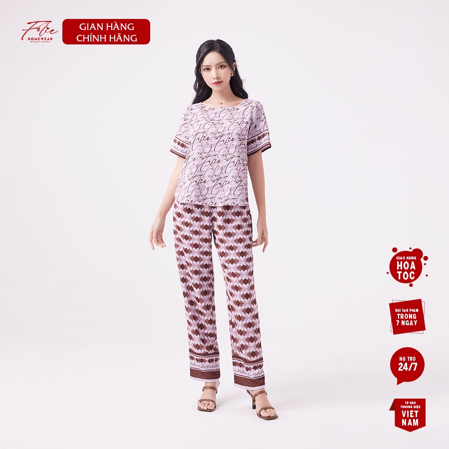 Folie Homewear đồ bộ mặc nhà tay lỡ quần dài lạu tằm ý FB121.1 họa tiết nâu