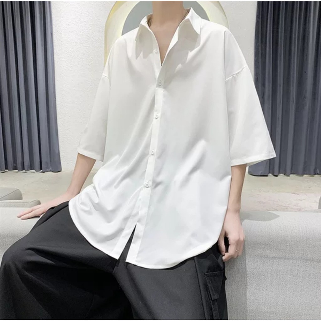 Áo sơ mi form rộng tay ngắn tay lỡ unisex nam nữ cá tính form Hàn Quốc vải lụa màu trắng đen xanh SMN02 | BigBuy360 - bigbuy360.vn