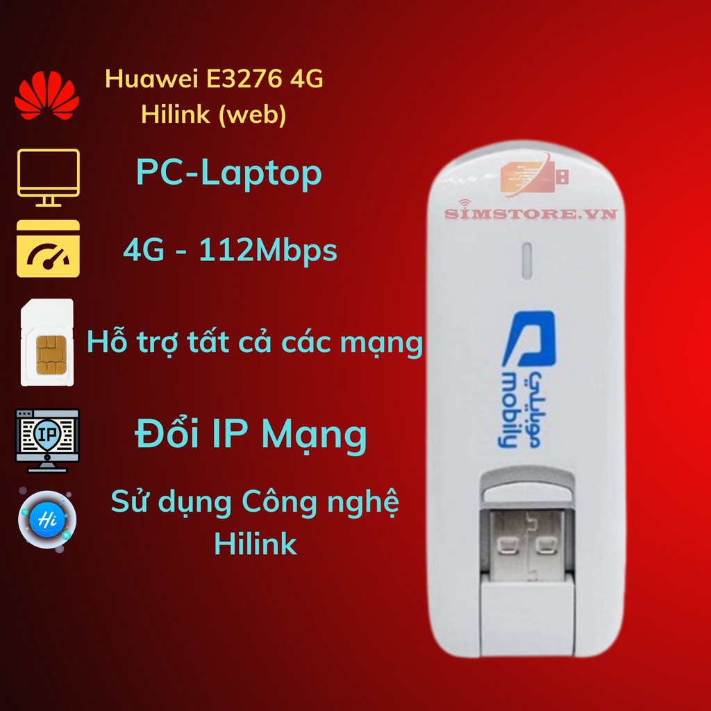 USB Dcom 3G/4G Huawei E3276 tốc độ tối đa 112Mbs, dcom 4G đổi ip, Simstore