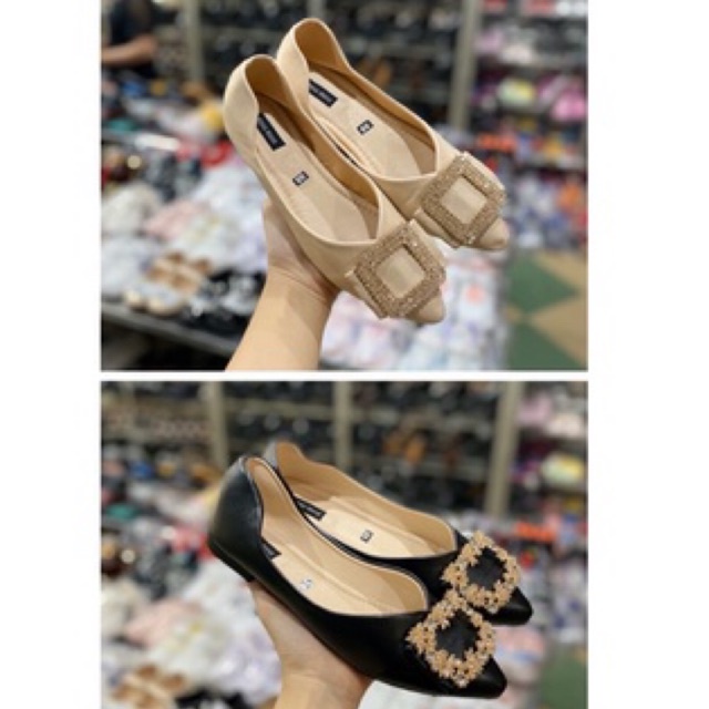 Giày búp bê bệt nữ mềm mũi nhọn gắn đá 2 màu