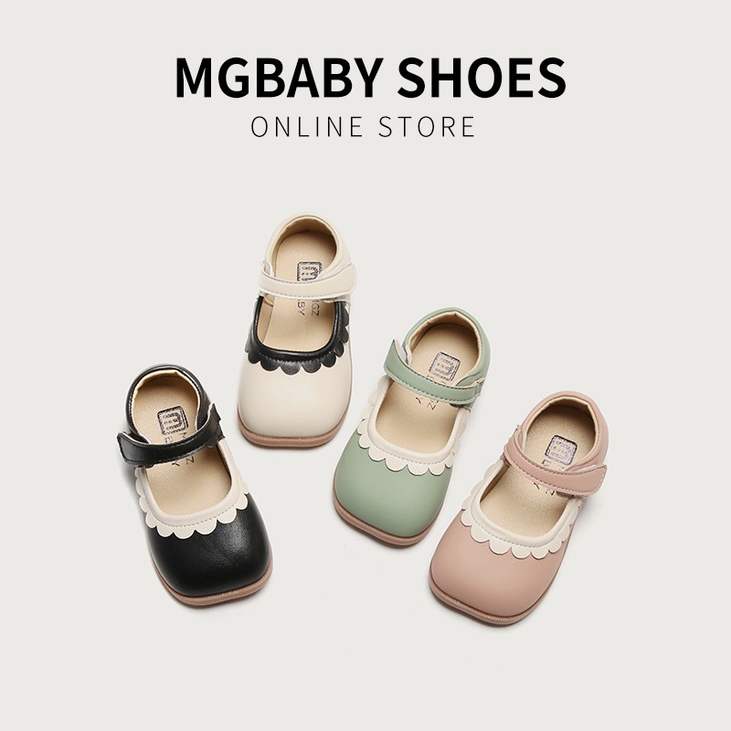 Giày búp bê bé gái phong cách vintage chất da PU mềm đẹp mũi phối viền xinh xắn Giày da cho bé Búp bê trẻ em bé gái
