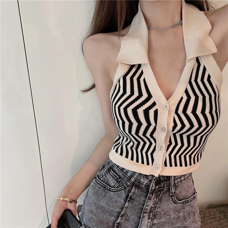 Áo Croptop Không Tay Cài Nút In Họa Tiết Kẻ Sọc Gợn Sóng Cho Nữ