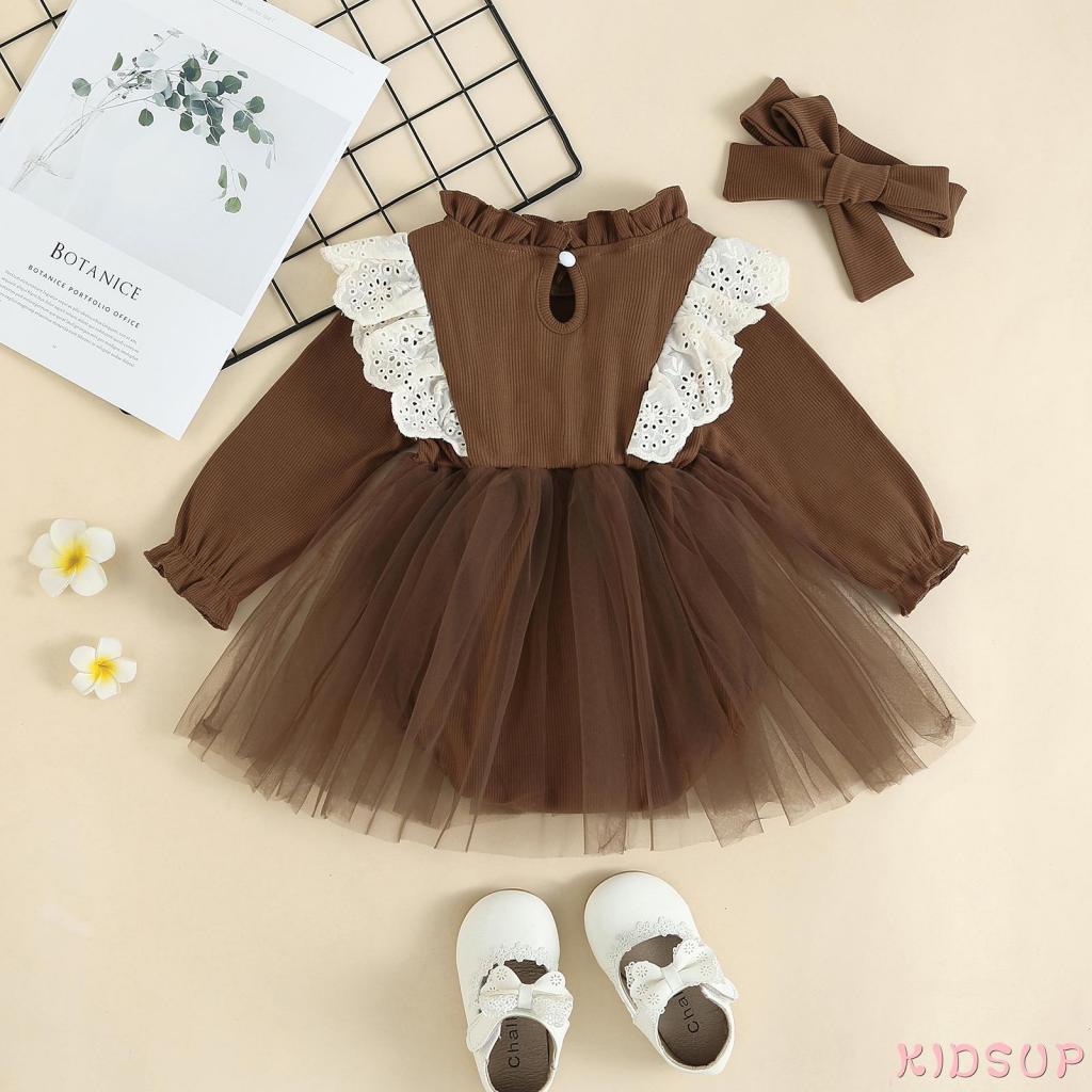 Bộ Đầm Tay Dài Phối Lưới + Băng Đô Dễ Thương Cho Bé Gái 1 Tuổi