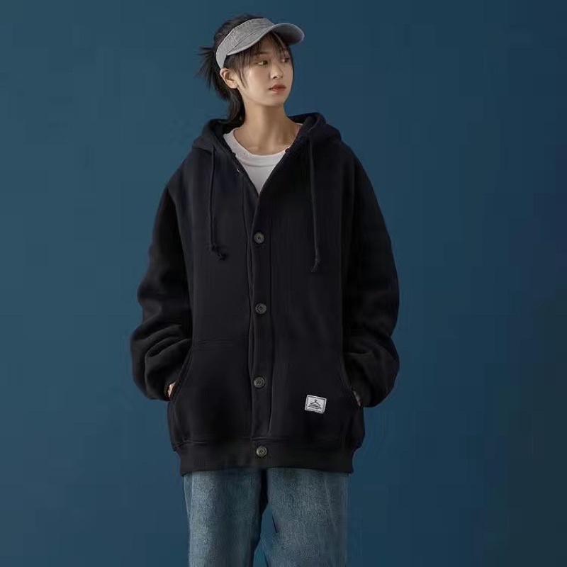 Áo Khoác Hoodie Nỉ Trơn Unisex  - Áo Có Mũ, Cài Cúc Hàng Thu Đông AH1