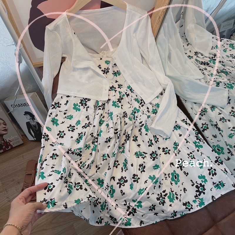 SET ĐẦM HOA XANH + ÁO KHOÁC TRẮNG GÂN