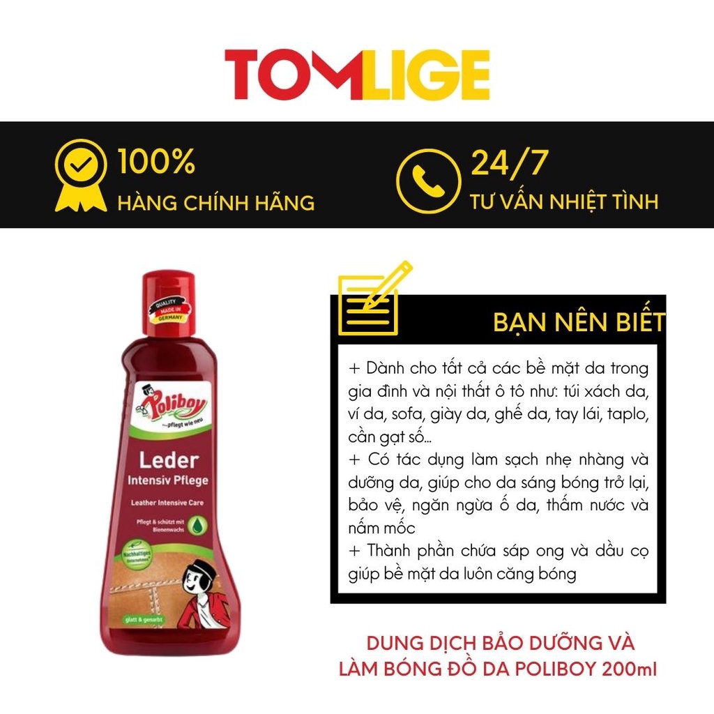 Làm Sạch Đồ Da Poliboy Vệ Sinh Giày Da, Túi Da, Làm Mới Ghế Da Ô Tô, Sofa Da 200ml Tomlige Kèm Quà Tặng