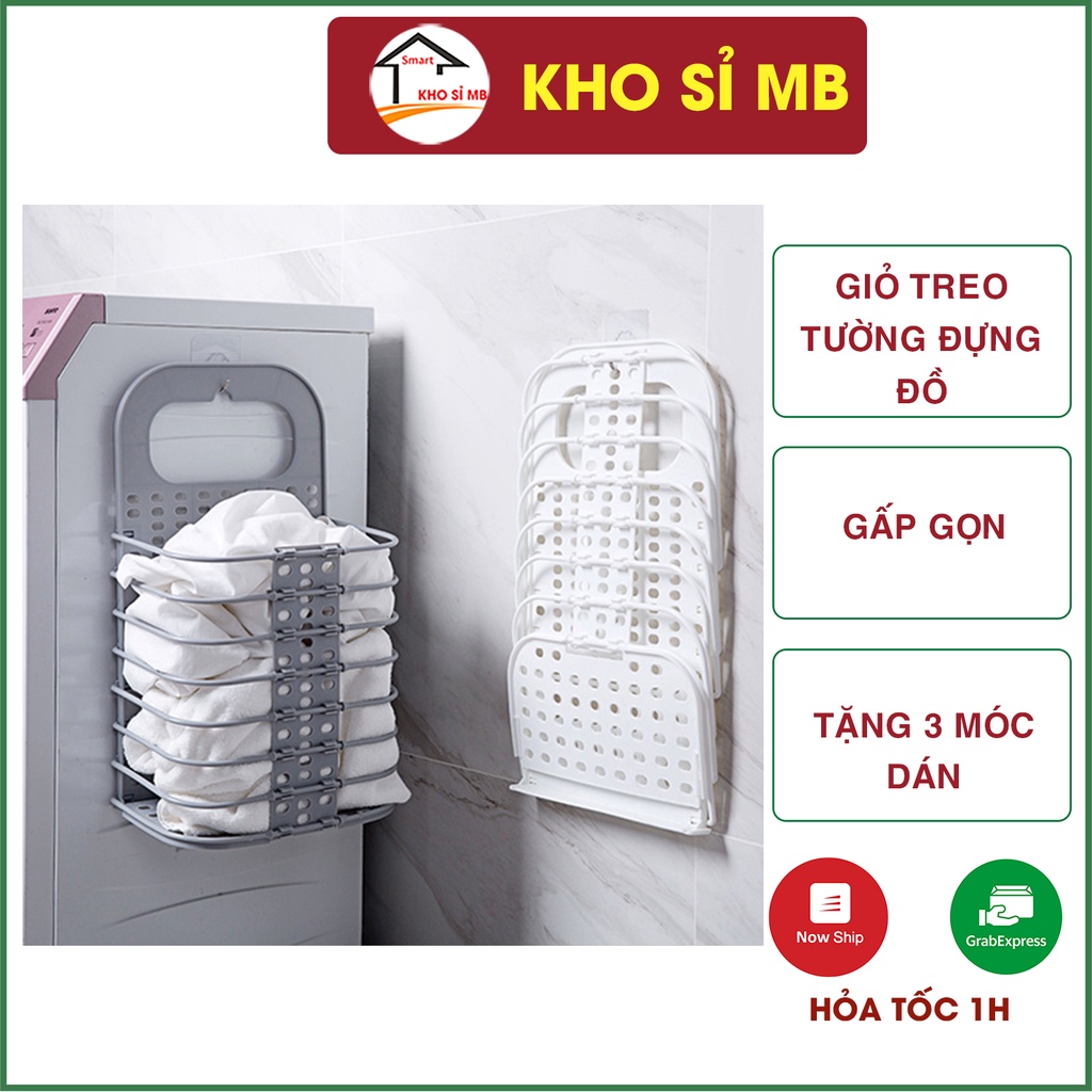 Giỏ treo tường đựng quần áo gấp gọn, sọt nhựa để đồ đa năng-tặng 3 móc dán tường siêu dính kho sỉ mb