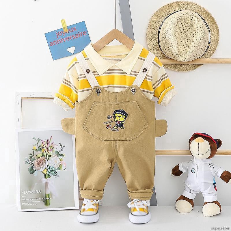 🍭 ruiaike 🍭 Kids Boys Cartoon Little Tiger Two-piece Set Striped Shirts + Overalls Strap Suspender Pants 1-4 Years Old
