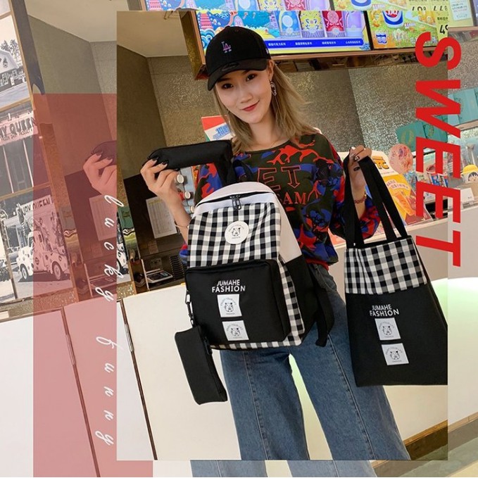 Balo nữ set 4 món style Hàn Quốc đi học laptop hàng Quảng Châu , Balo combo 4 món Canvas