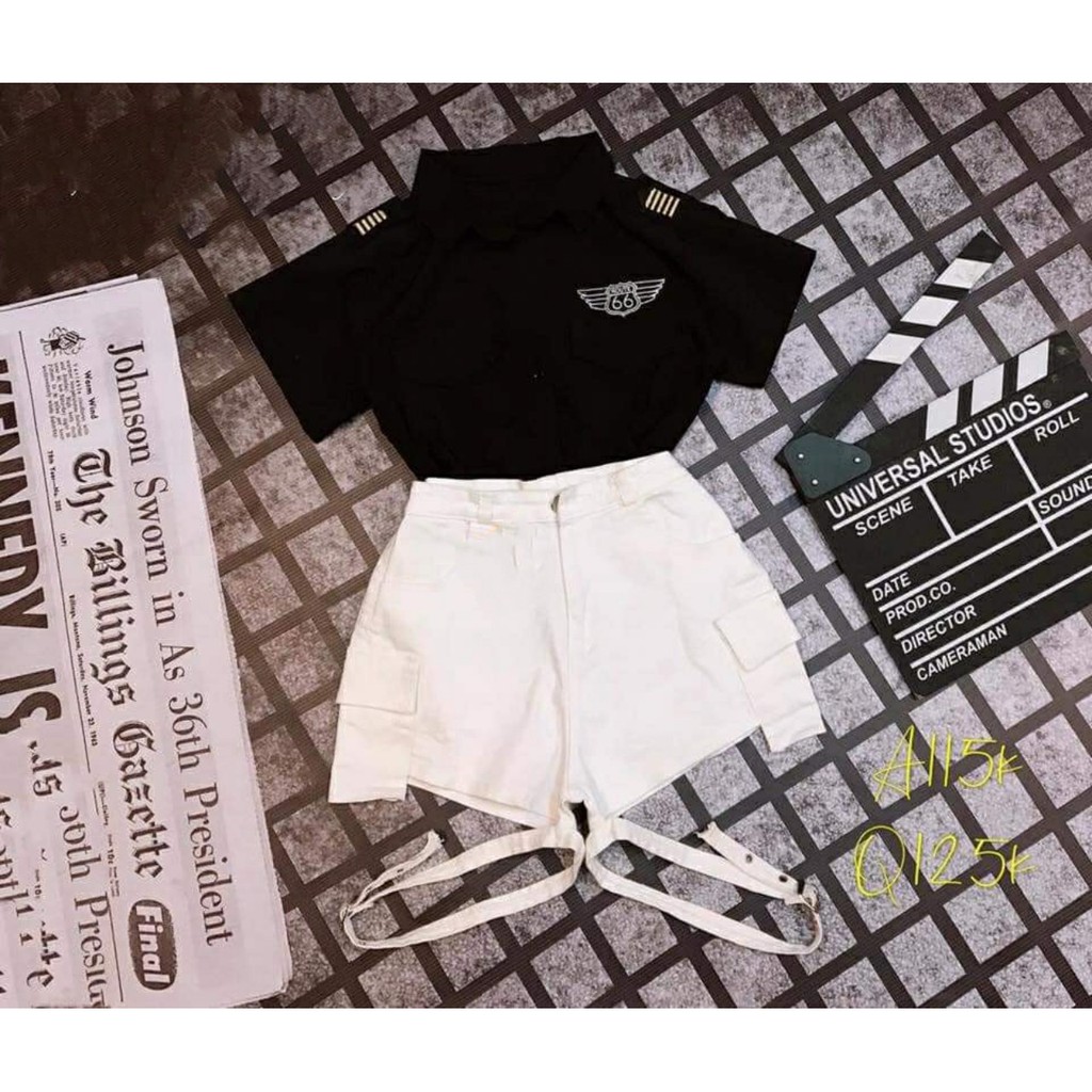 Set áo sơ mi cơ trưởng tay ngắn phối quần short kaki khoen rời cá tính