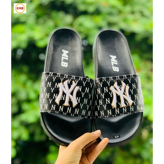 Dép 𝐌𝐋𝐁 UNISEX mẫu dép thể thao ❤️ Freeship + Hộp ❤️ Dép NY bóng chày quai ngang nam nữ chữ thêu nỗi kèm mác full đen
