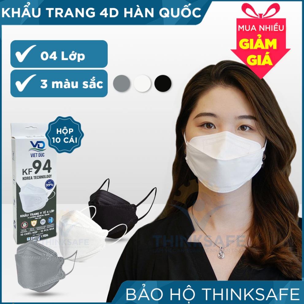 Khẩu trang KF94 chính hãng Việt Đức, công nghệ Hàn Quốc chống bụi kháng khuẩn 4 Lớp [Hộp 10 cái] , 3 màu