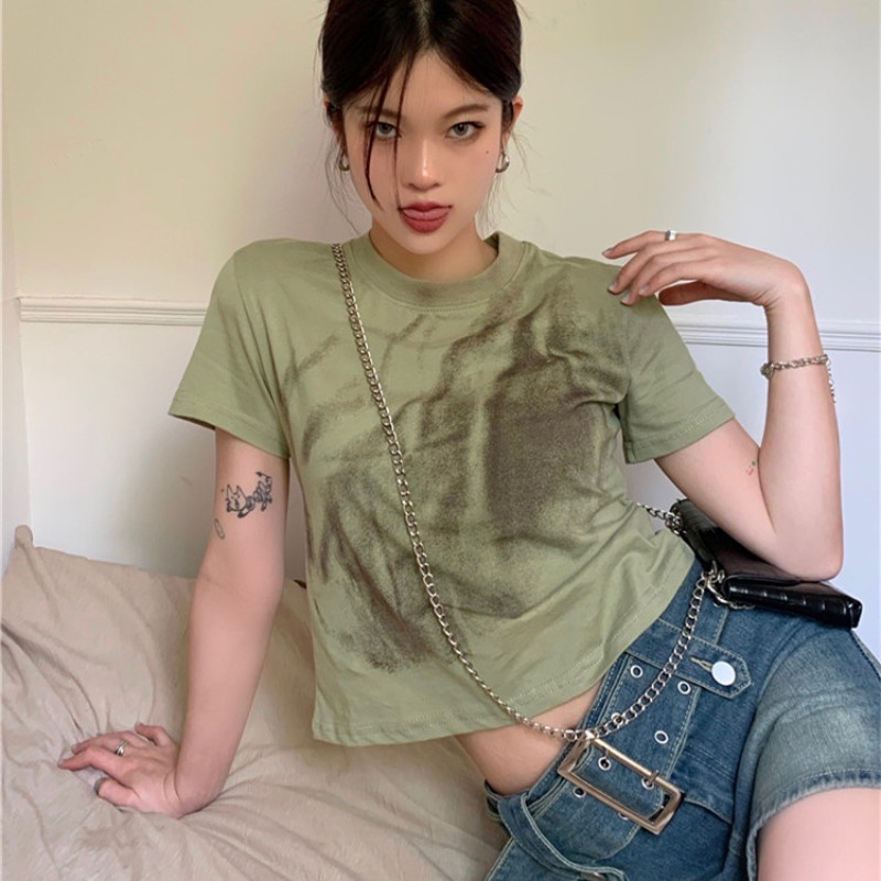 Áo Thun Nữ Tay Ngắn Dáng Ôm Màu Nhuộm Thời Trang