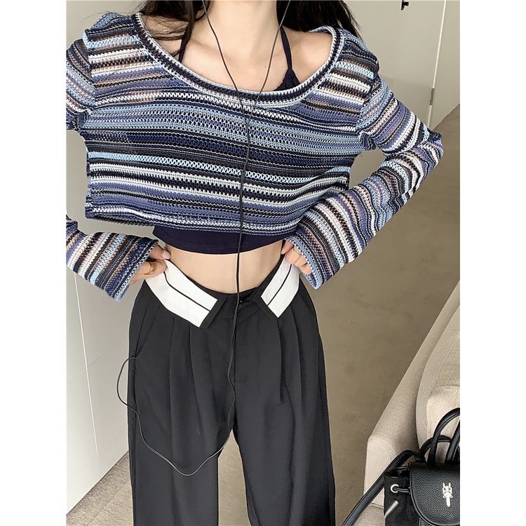 QADCOL Áo Thun Nữ Tay Dài Kẻ Sọc Thời Trang Hàn Quốc