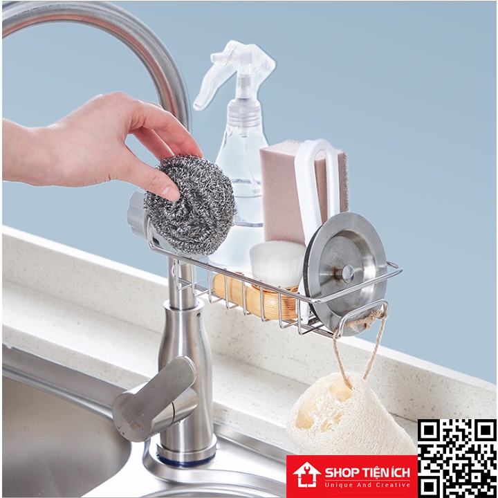Giá inox gắn vòi rửa bát đựng giẻ rửa bát, giá để đồ vòi rửa bát