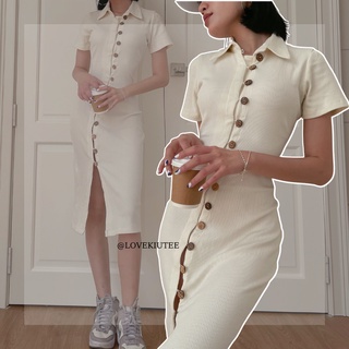Đầm cổ có nút gỗ xéo Take Me There Ribbed Midi Dress vải thun gân danh cho nữ LOVEKIUTEE