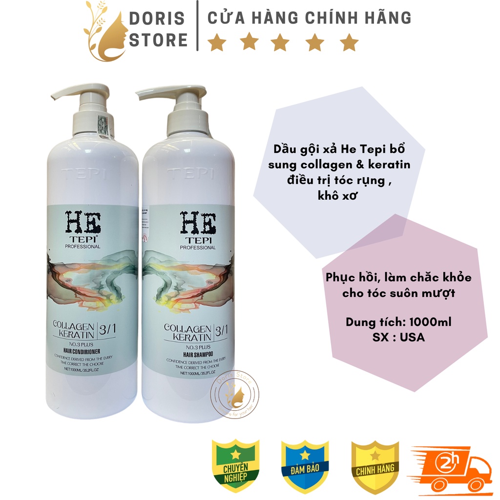 HE TEPI - Cặp Dầu Gội Dầu Xả Tái Sinh Tóc Keratin Hương Nước Hoa HeTepi 1000ml