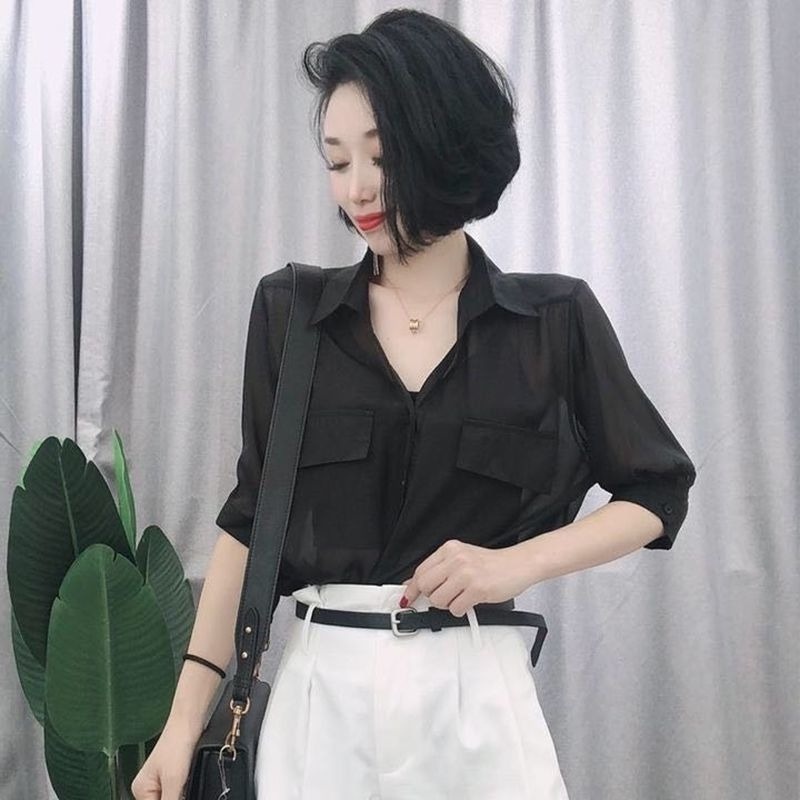 Áo Sơ Mi Chiffon Tay Ngắn Dáng Rộng Cài Nút Thời Trang Công Sở Cho Nữ 2022